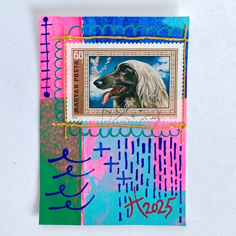 ACEO Original Art Card Acrylic Mixed Media Vintage Afghan Dog Postage Stamp ATC